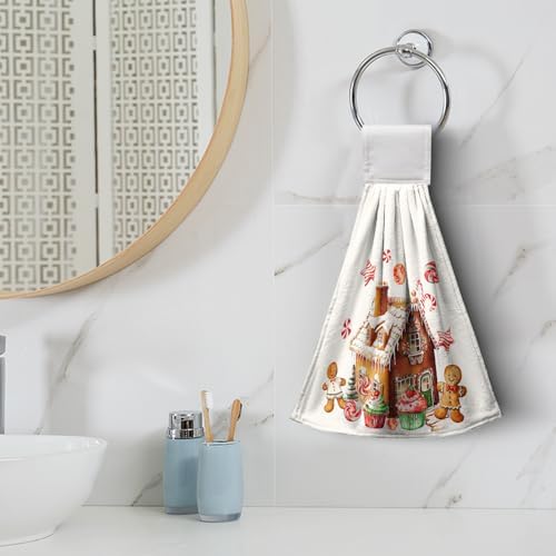 Christmas Gingerbread Man Hanging Kitchen Towels Cookies Candy Cane Hand Towel with Hanging Loop Ginger Bread House Dish Towels Xmas Soft Absorbent Fingertip Bath Tea Towel Decor Set of 2
