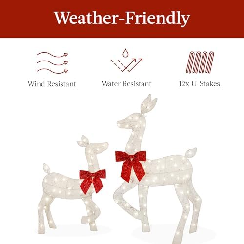 Best Choice Products 4ft 3-Piece 2D Lighted Christmas Deer Family Set, Large Outdoor Yard Reindeer Holiday Decoration with 175 LED Lights, Stakes, Zip Ties - White