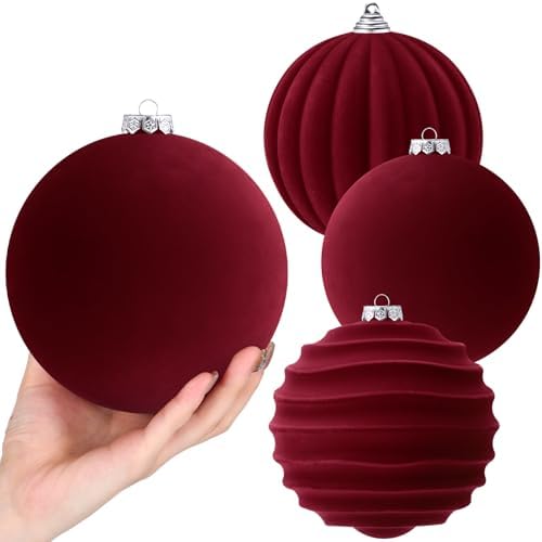 Syhood 4 Pcs 6 Inch Velvet Christmas Balls Large Ornaments, Burgundy