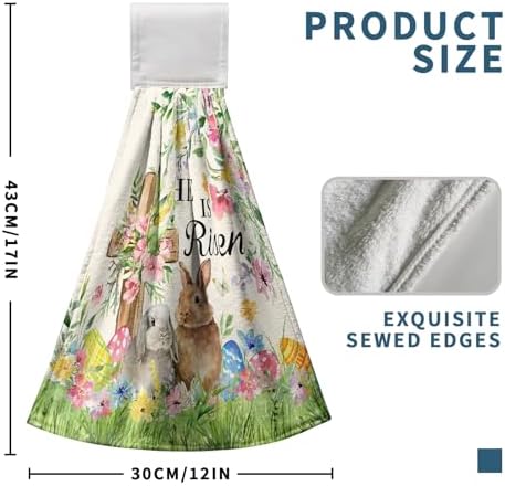 2 Pcs Easter Bunny Hanging Hand Towels He is Risen Rabbits Floral Cross Easter Eggs Kitchen Towels with Hanging Loops Spring Holiday Decorative Dish Cloth Kitchen Tie Towels