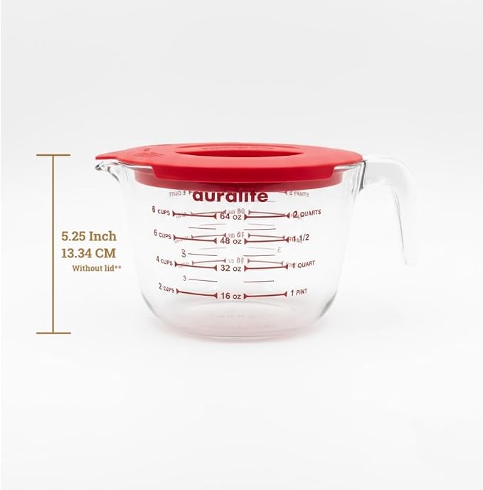 Auralite 8-Cup Borosilicate Glass Measuring Cup with Lid, 2 Quart, 2 Litre Large Glass Measuring Cup - Kitchen Mixing Bowl Liquid Measure Cups Glass Bakeware Set, Punch Bowl, Batter Bowl, 2Qt, 2L