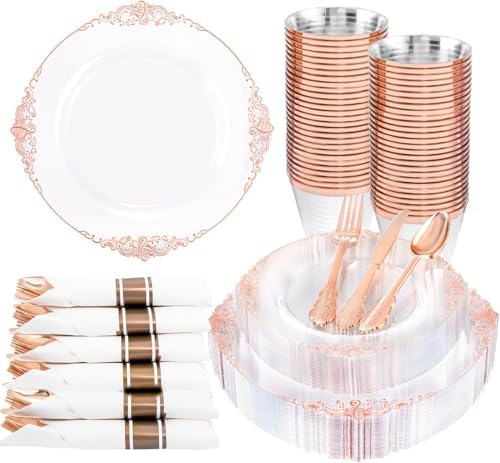 Nervure 175Pcs Rose Gold Plates, Disposable Party Plates for 25 Guests