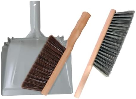 Metal Dust Pan and Brush Set, Natural Bristle Wooden Hand Broom for Fireplace, Garage, Workshop, 9" Wide