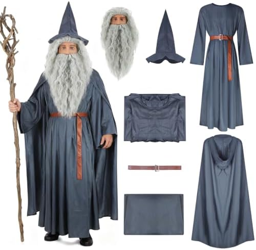 EDAUWAE Wizard Costume with Wigs Beards Pagan Tunic Costume Wizard Cloak Cosplay Grey Robe Hat Full Set Outfits for Adult