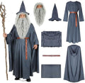EDAUWAE Wizard Costume with Wigs Beards Pagan Tunic Costume Wizard Cloak Cosplay Grey Robe Hat Full Set Outfits for Adult