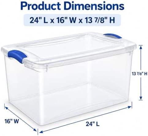 Storage Bin 66 Qt 4-Pack, Clear Latching Plastic Tote Blue
