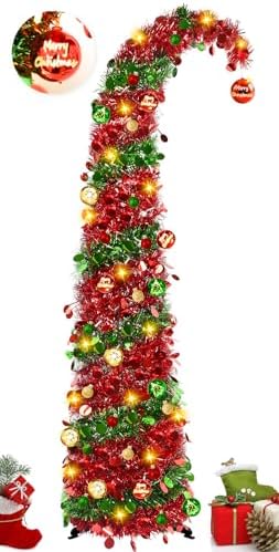 MACTING Whimsical Christmas Tree with Ball String Lights 5FT Pop Up Curved Tree with 15 Ball Lights & Hanging Ornaments Collapsible Tinsel Tree for Apartment Porch Indoor Outdoor Xmas Decor,Red&Green