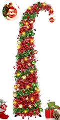 MACTING Whimsical Christmas Tree with Ball String Lights 5FT Pop Up Curved Tree with 15 Ball Lights & Hanging Ornaments Collapsible Tinsel Tree for Apartment Porch Indoor Outdoor Xmas Decor,Red&Green