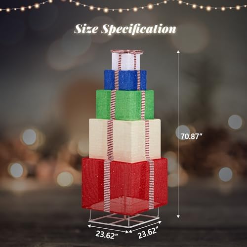 VINGLI 6FT Christmas Lighted Gift Boxes Decorations with Plug, Light up Present Boxes Ornament with Pre-lit LED Lights Pre-Secured Bowknot for Indoor or Outdoor Christmas Decorations, Colorful