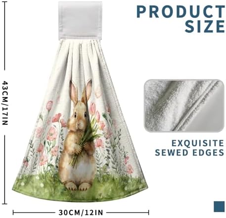 Easter Bunny Hanging Kitchen Towels Easter Rabbit Pink Tulip Flowers Hand Towels with Hanging Loop Spring Holiday Dish Towel Soft Absorbent Fingertip Bath Tie Towel Set of 2
