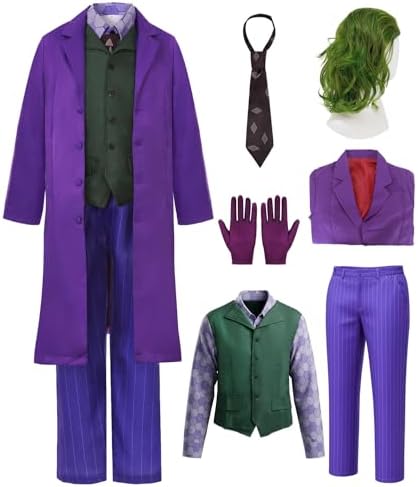 Mens Halloween Clown Costume Set with Coat Shirt Pants Wig Gloves