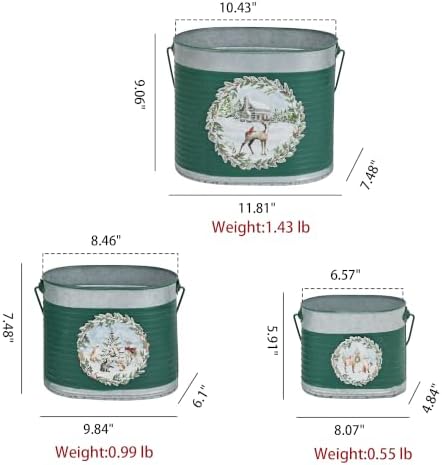 Set of 3 Galvanized Metal Christmas Tree Buckets with Handles, Green Woodland Deer Wreath Decorative Planter Tubs, Farmhouse Holiday Storage Container for Mini Xmas Trees, Ornaments