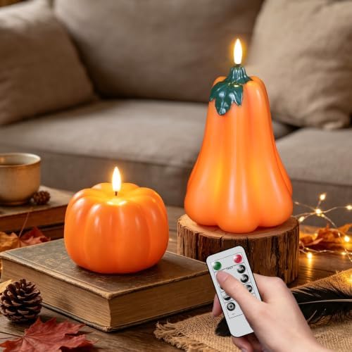 Wondise Fall Decorations Flameless Wax Pumpkin Candles with Remote Timer