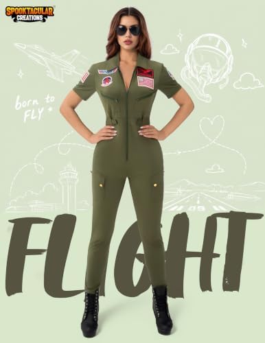 Spooktacular Creations Fighter Pilot Bodysuit Women, Womens Halloween Costumes 2026, Green Pilot Air Force Costume for Cos