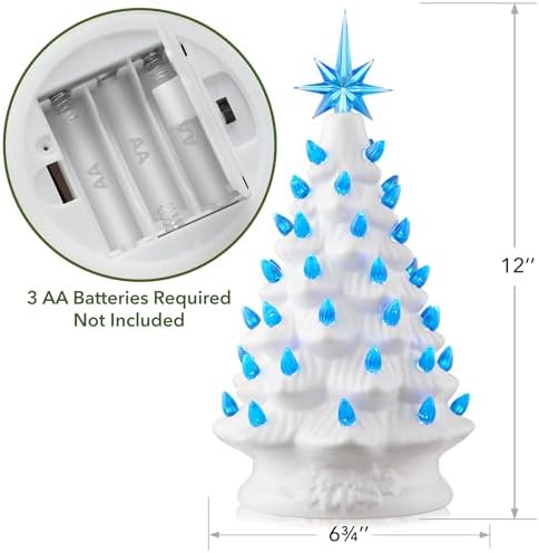 Casafield Hand Painted Ceramic Christmas Tree, White 12-Inch Pre-Lit Tree with 100 Pink and Blue Lights and 2 Star Toppers
