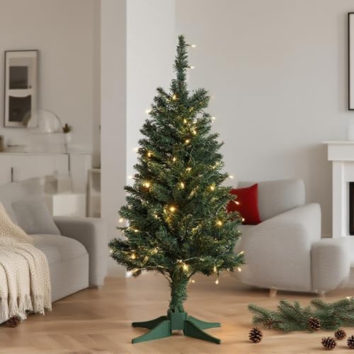 4FT Christmas Tree with Lights - Hinged Small Artificial Xmas Tree - Includes 50 LED String Light, 160 Tips Dense Branches & Detachable Stand - Mini Christmas Decoration Tree for Holiday,Green