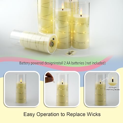 kakoya Flameless LED Candles with Timer 5 Pc Flickering Flameless Candles for Romantic Ambiance and Home Decoration Stable Acrylic Shell,with Embedded Star String，Battery Operated Candles（Ivory）
