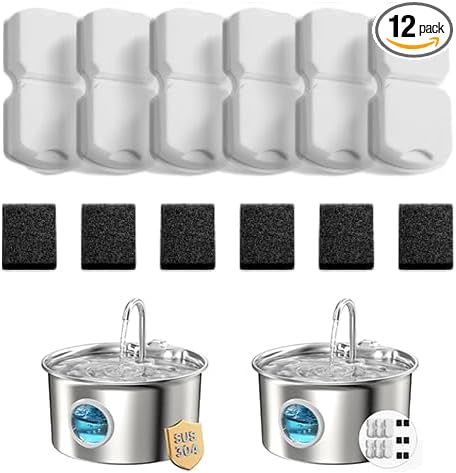 Cat Water Fountain Filters: 12 Cat Fountain Filter Replacement - 3 Months Set of Replacement Filters for ATMZIQXR Pet Fountains S18 - Contains 6 Carbon Filters + 6 Sponges Filters