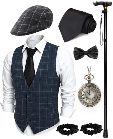 1920s Mens Costume, Roaring 20s Costumes for Men 1920s Mens Outfit with Walking Cane Vest Hat 1920 Mens Accessories