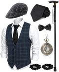 1920s Mens Costume, Roaring 20s Costumes for Men 1920s Mens Outfit with Walking Cane Vest Hat 1920 Mens Accessories
