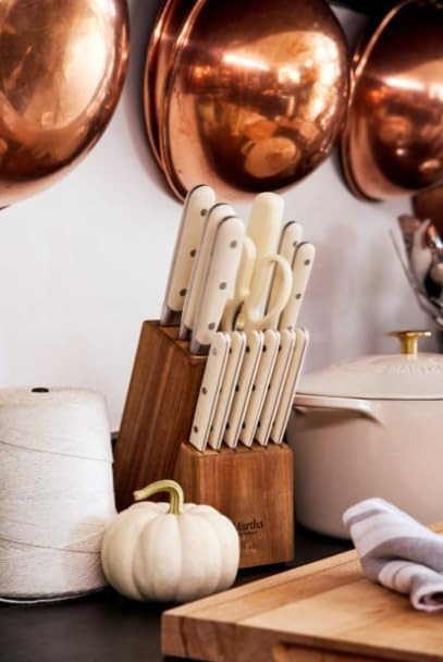 MARTHA STEWART Eastwalk 14 Piece High Carbon Stainless Steel Cutlery Kitchen Knife Block Set w/ABS Triple Riveted Forged Handle Acacia Wood Block - Linen White