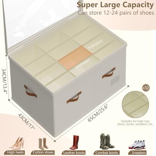 Vincona Shoe Organizer for Closet, 2 Pack Foldable Shoe Storage Bins with Clear Cover & Handles, 16-Compartment Shoe Box for Sneakers, Heels, Boots, Space-Saving Shoe Rack for Entryway, Dorm, RV