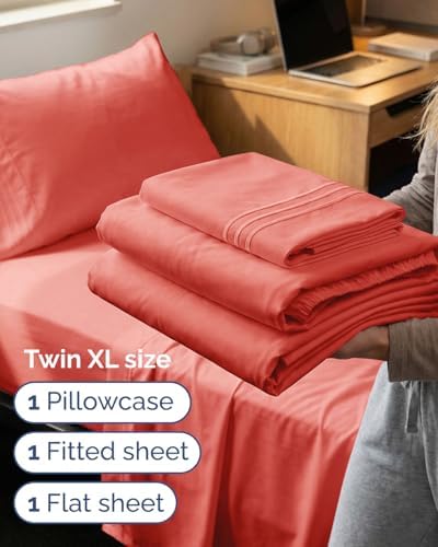 Twin XL Size 3 Piece Sheet Set - Comfy Breathable & Cooling Sheets - Coral