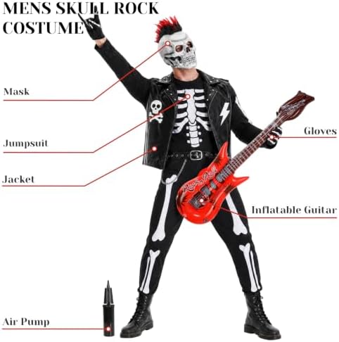 Men's Skeleton Rocker Costume Adult Punk Skull Costume with Accessories for Halloween Cosplay Party