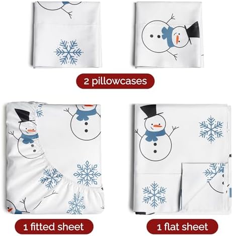 Christmas Sheet Set, Snowman, Festive Holiday Xmas Bedding Set - King Size