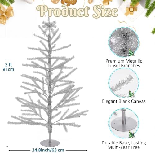 3ft Silver Tinsel Christmas Tree, Retro Aluminum Christmas Tree