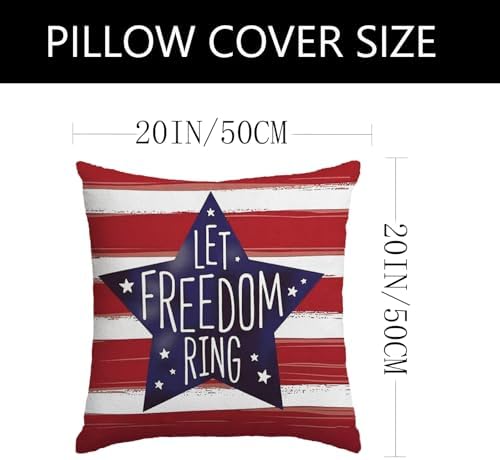 4th of July Pillow Covers 20x20 Inch,Set of 4 Patriotic Red White Blue Summer Outdoor Throw Pillow Covers,Independence Memorial Day USA Flag Linen Fourth of July Cushion Case for Sofa Couch Decor