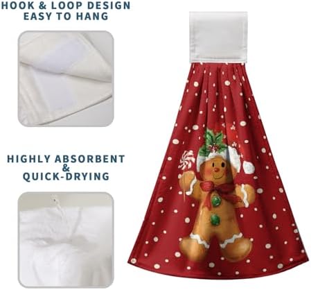 Gingerbread Candy Christmas Red Hanging Kitchen Towels Cute Polka Dots Xmas Hand Towels with Hanging Loop Winter Holiday Dish Towel Soft Absorbent Fingertip Bath Tie Towel Set of 2