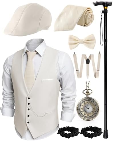 1920s Mens Costume, Roaring 20s Costumes for Men 1920s Mens Outfit with Walking Cane Vest Hat 1920 Mens Accessories