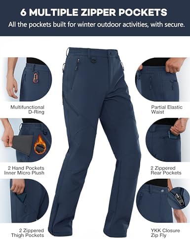 Stlight Mens Snow Ski Water Repellent Softshell Pants for Winter Hiking Fleece Lined Bottom Leg Zipper with 6 Zip Pockets