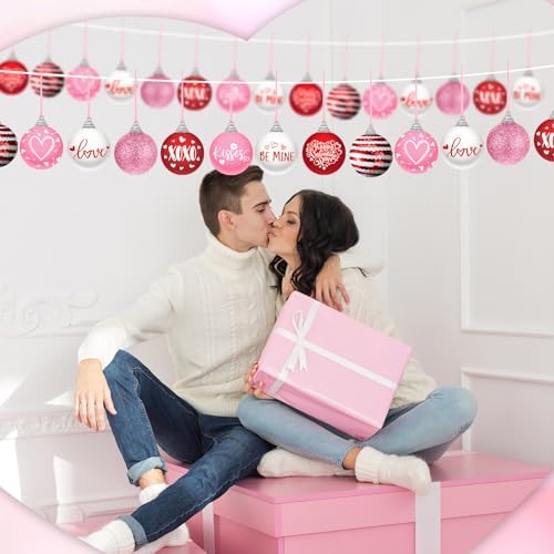 Outus 16 Pcs Valentine's Day Tree Ornaments Ball Vintage Happy Valentine's Day Decorations for Tree Red and Pink Love Kisses Xoxo Pattern Hanging Ornaments Home Farmhouse Holiday Fireplace Party Decor