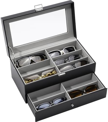 ProCase 12 Slots Sunglasses Organizer, 2 Layer Sunglass Case, Leather Eyeglass Cases for Display and Storage -Black