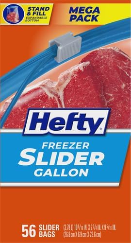 Hefty Slider 1 Gallon Freezer Bags, Gallon Slider Bags for Freezer, Holds Raw Meat, Soups, Prepped Fruits and Veggies, and More, Writable Label, Secure Zip_and Click Closure 56 Count (Pack of 4)