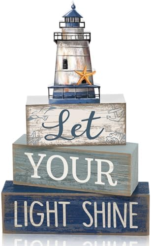 Lineshading 4 Pcs Lighthouse Coastal Decor Wooden Block Signs Rustic
