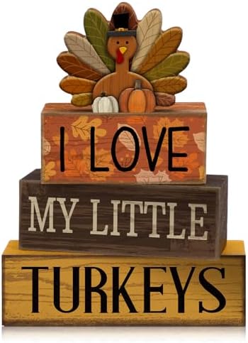Lineshading 4 Pcs Thanksgiving Table Decoration, Turkey Wooden Block Signs