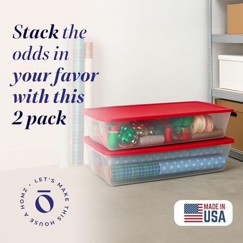 HOMZ Holiday Tote Plastic Storage Bin with Lid, 41 Qt, Clear/Red, 2 Pack