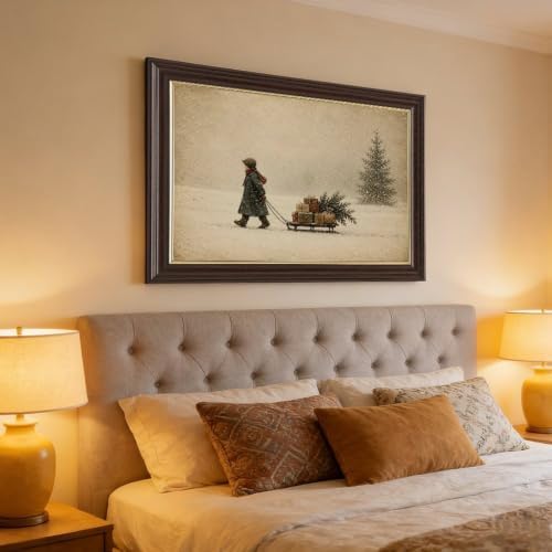 Vintage Child Sled Wrapped Boxes Evergreen Snow Christmas Canvas Wall Art