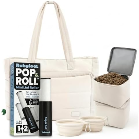 Rubyloo Mini Lint Roller Bundle Travel Size Pet Hair Remover with Retractable Cover & Beige Puffer Tote Bag with Bowls Food Storage for Dog Mom Essentials Gift Set