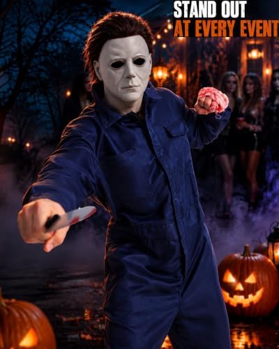 Men's Navy Halloween Jumpsuit Costume Set, Horror Mask, Prop knife, Gauze