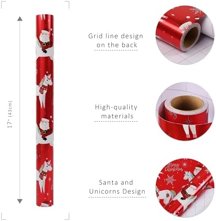 LaRibbons Christmas Foil Wrapping Paper Roll, Classic Santa Unicorn Rainbow Design Gift Wrap Paper for Kids, Christmas, Season Party, Holiday, 17 Inch X 33 Feet