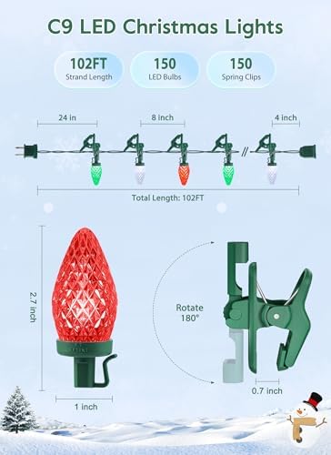 C9 Christmas Lights Outdoor, 102FT 150 LED String Lights with Spring Clips