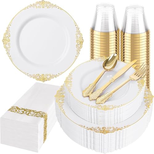 Hioasis 175 Pcs White Gold Plates for Wedding