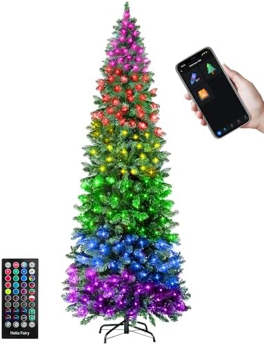 9ft Smart Pencil Christmas Tree, 550 LED Color Changing with App Control, 1437 Branch Tips, Slim Artificial Tree for Small Space, Indoor Outdoor Holiday Decor
