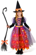 Spooktacular Creations Witch Costume Kids, Light Up Halloween Costumes Witch Dress with Hat and Broom for Girls, Sweet Wizard Set for Toddler Scary Halloween Themed Parties, Orange, 3T