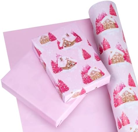 WRAPAHOLIC 30 Inch Jumbo Reversible Christmas Wrapping Paper - 30 Inch x 100 Feet Jumbo Roll Pink Gingerbread House and Solid Pink Wrapping Paper for Christmas, Holiday, Party Celebration