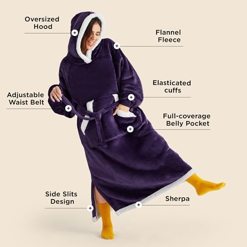 Bedsure Wearable Blanket Hoodie, Long Hooded Blanket Sweatshirt as Christmas Birthday Gifts for Men, Cozy Sherpa Hoodie for Adult, Oversize, Dark Purple